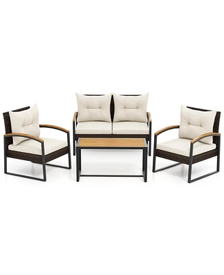 4 Pieces Patio Conversation Set with Acacia Wood Armrests and Tabletop and Cushions