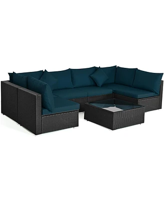 7 Pieces Sectional Wicker Furniture Sofa Set with Tempered Glass Top-Peacock