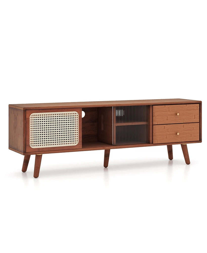 Bamboo Tv Stand Console Table with Pe Rattan Door & 2 Drawers for up to 65''