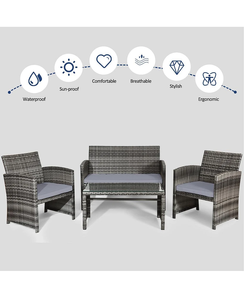Gouun 4 Pieces Patio Rattan Furniture Set with Glass Table and Loveseat