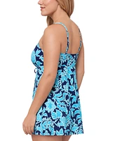Swim Solutions Women's Printed Empire Tummy-Control Swim Dress, Exclusively at Macy's