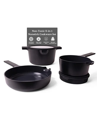 Alva Neat 5-Piece Recycled Aluminum Ceramic Nonstick Cookware Nesting Set, Black