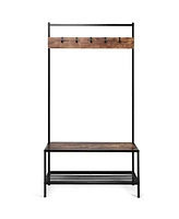 3 in 1 Industrial Coat Rack Shoe Bench Hall Tree Entryway Storage Shelf w/ Hooks