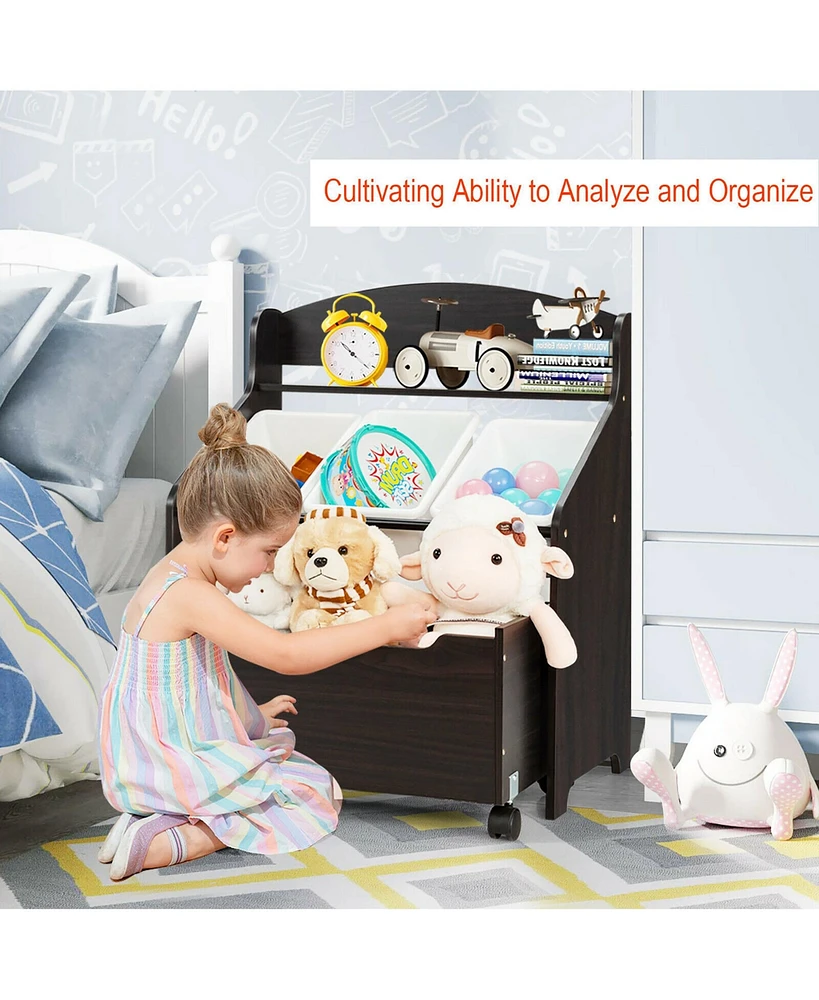 Kids Wooden Toy Storage Unit Organizer w/Rolling Box & Plastic Bins