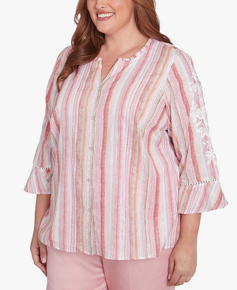 Alfred Dunner Plus Size Coming Up Roses Striped Button Down Embroidered Sleeve Top