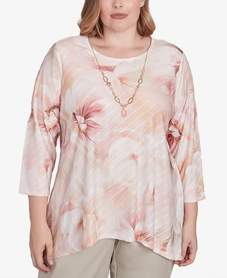 Alfred Dunner Plus Size Coming Up Roses Textured Watercolor Flower Top with Necklace