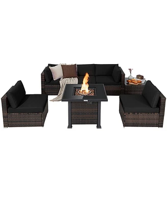 7PCS Patio Rattan Furniture Set Fire Pit Table Cover Glass Top Cushion
