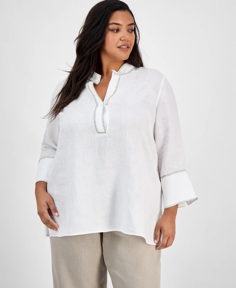 Charter Club Plus Size 100% Linen Embroidered Top, Exclusively at Macy's