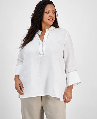 Charter Club Plus Size 100% Linen Embroidered Top, Exclusively at Macy's