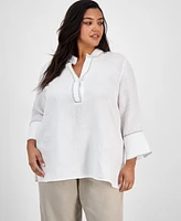 Charter Club Plus Size 100% Linen Embroidered Top, Exclusively at Macy's
