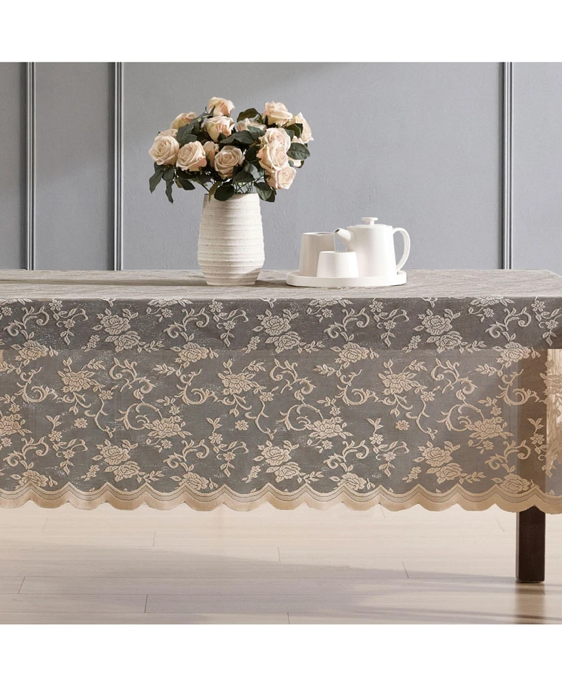 Hlc.me Harper Floral Lace Fabric Tablecloth, Lace Fabric Table Cloth for Oval Tables, Wrinkle Resistant Tablecloth, Patterned Scalloped Tablecloth (60