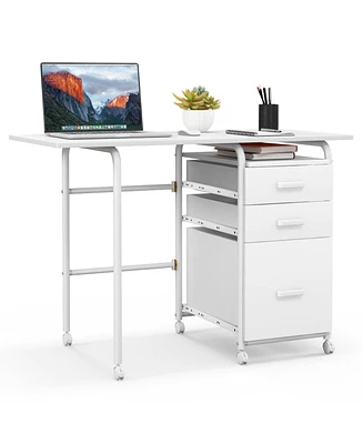Gouun Folding Computer Desk with Wheels and 3 Drawers for Home Office and Study