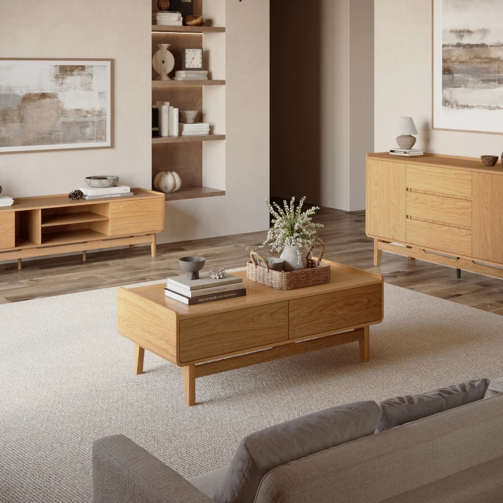 LuxenHome Summer Oak Engineered Wood Coffee Table with Storage