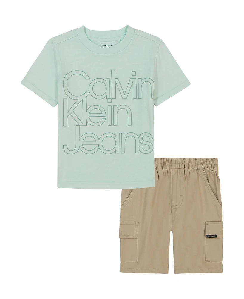 Calvin Klein Toddler and Little Boys Tonal Logo Short Sleeve Tee Twill Cargo Shorts, 2-Piece Set