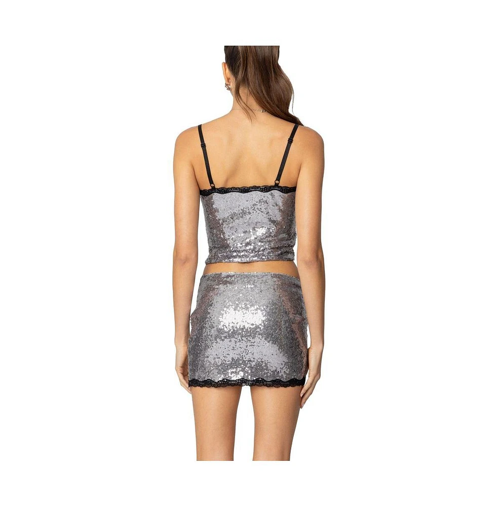 Edikted Womens Revel Lace Trim Sequin Tank Top