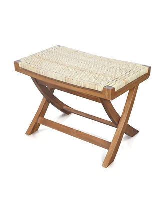 Gouun Folding Rattan Ottoman with Handwoven Seat and Teak Wood Frame