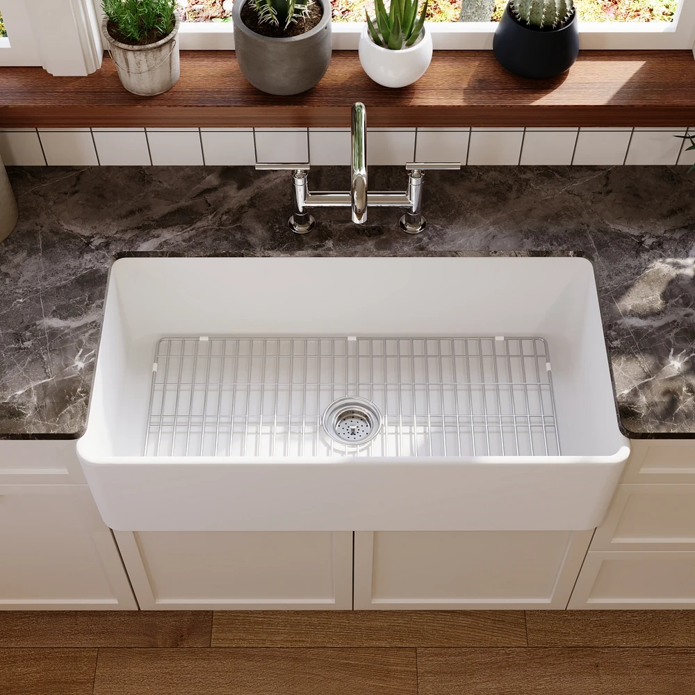 DeerValley 36" L X 18" W Fireclay Rectangular Single Bowl Farmhouse Kitchen Sink with Grid and Strainer