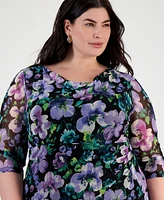 Connected Plus Size Printed Mesh 3/4-Sleeve Sheath Dress