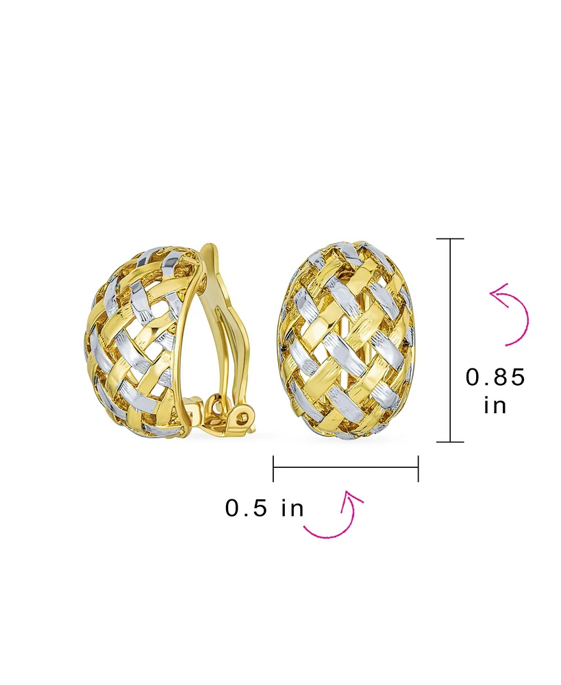 Bling Jewelry Half Hoop Shrimp Style Woven Braided Dome Two Tone Open Basket Weave Clip On Earrings Button Style Non Pierced Ears Silver Gold Plated B