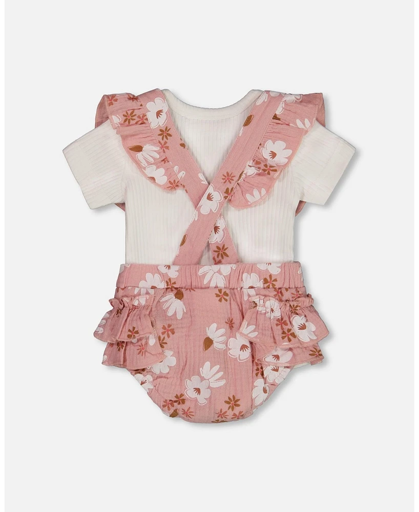 Deux par Baby Girls Printed Muslin Short And Organic Cotton Bodysuit Set Pink White Flowers