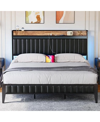 gaomon Queen Bed Frame with Charging Station, Led Bed Frame with Storage Headboard, Upholstered Platform Bed Frame
