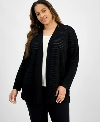 Anne Klein Plus Shadow-Striped Open-Front Cardigan