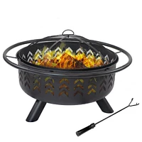 Arrow Motif Heavy-Duty Steel Fire Pit with Spark Screen, Built-In Grate, and Cover - 36-Inch Round - Black
