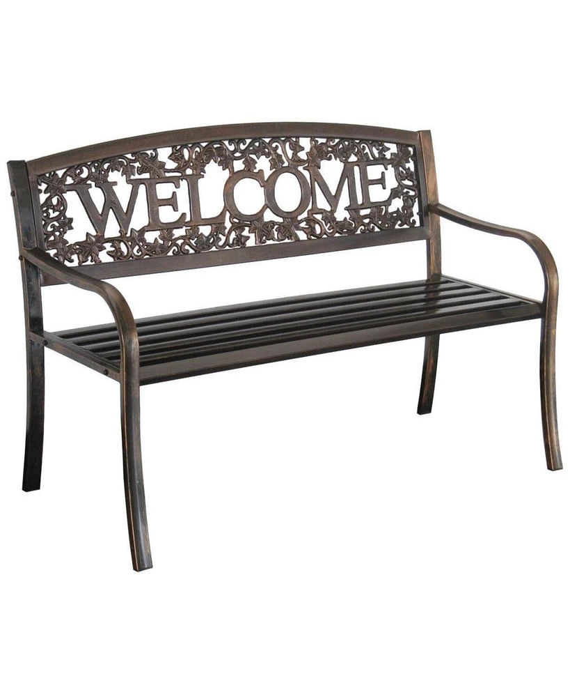 Floral Back Metal Patio Bench – Outdoor Weather-Resistant Garden Seat with Welcome Design