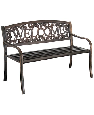 Floral Back Metal Patio Bench – Outdoor Weather-Resistant Garden Seat with Welcome Design