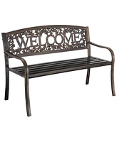 Floral Back Metal Patio Bench – Outdoor Weather-Resistant Garden Seat with Welcome Design