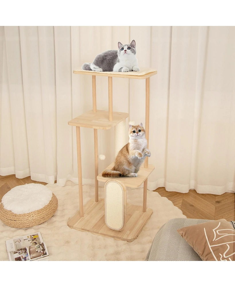 Gymax 50'' Tall Solid Wood Cat Tree w/ Oak Frame & Beech Post Scratching Board & Posts