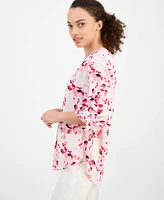 Ak Anne Klein Women's Printed V-Neck Roll-Tab Blouse