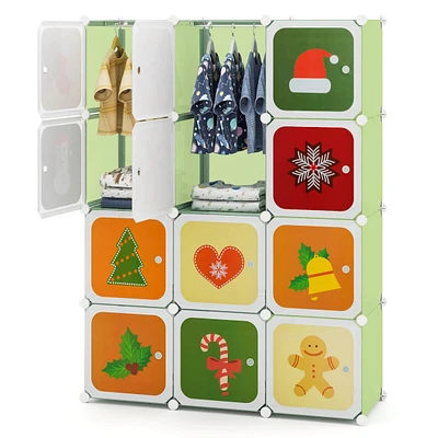 12-Cube Kids Wardrobe Baby Dresser Bedroom Armoire Clothes Hanging Closet with Doors