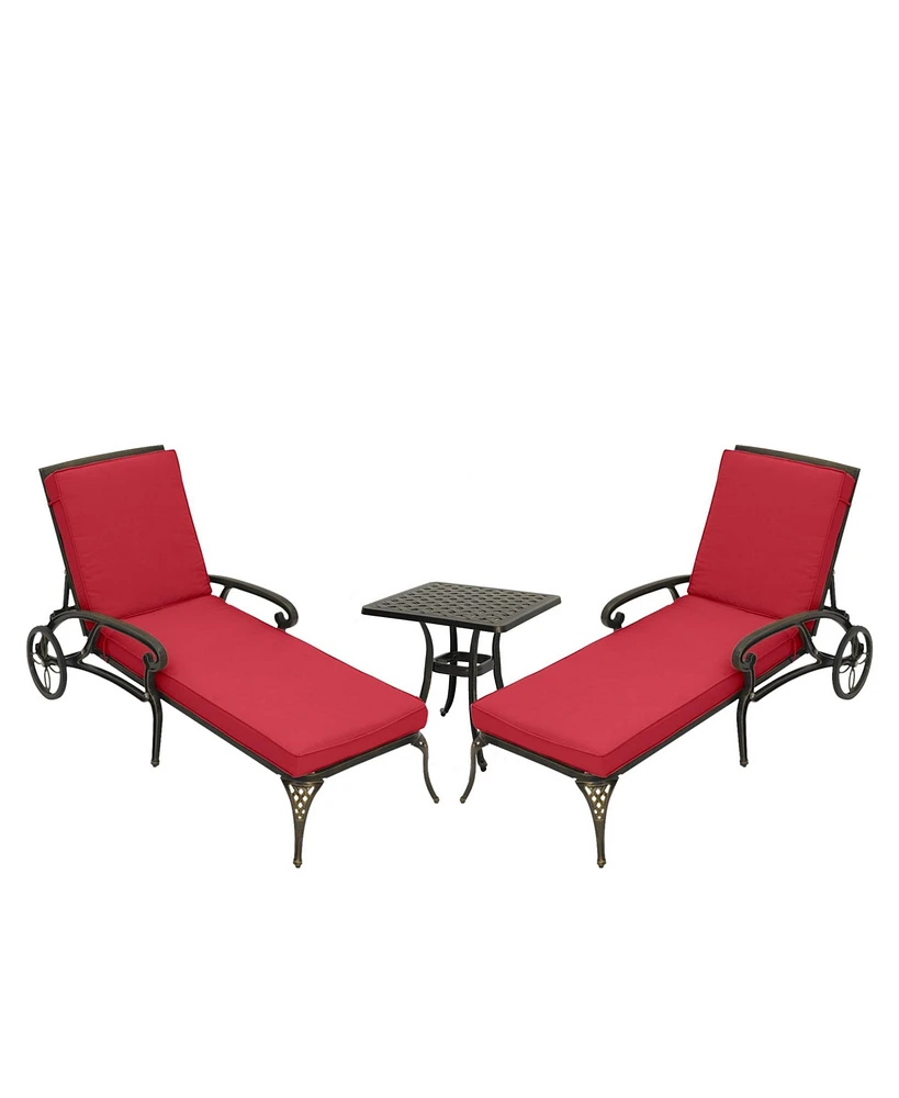 Lounge Chairs for Outside Set of 3 with Side Table & Cushion Patio Lounge Chairs Cast Aluminum Chaise Lounge Pool Chairs Outdoor Lounge Chairs, Bronze