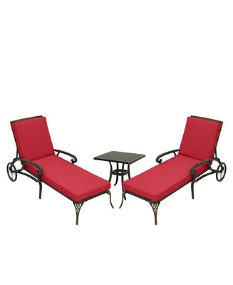 Lounge Chairs for Outside Set of 3 with Side Table & Cushion Patio Lounge Chairs Cast Aluminum Chaise Lounge Pool Chairs Outdoor Lounge Chairs, Bronze