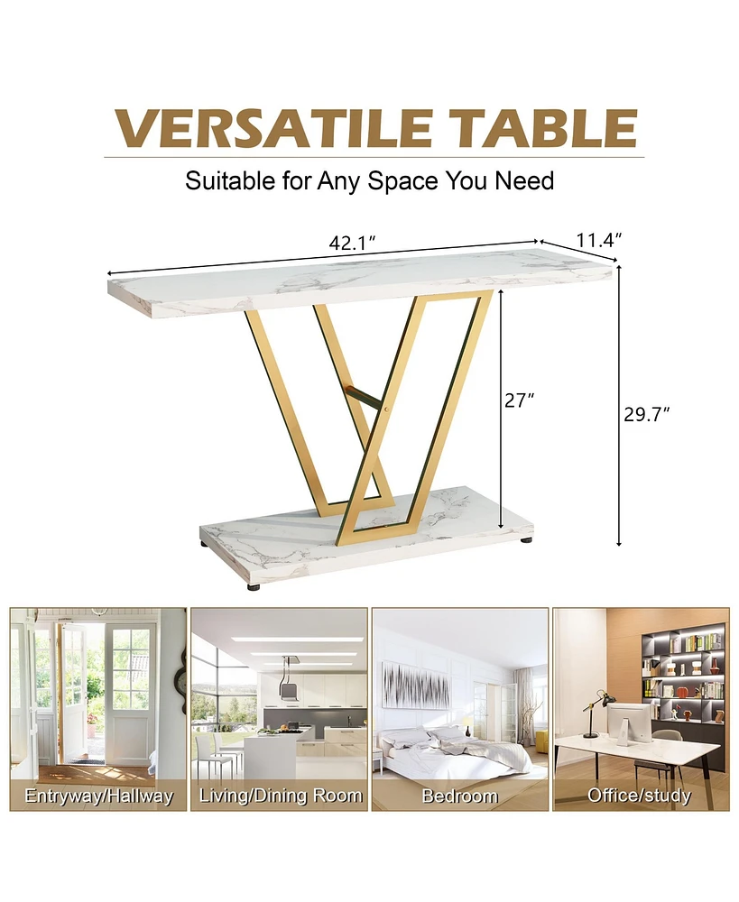 Slickblue Industrial Console Table for Entryway, Gold Frame with Faux Marble Top
