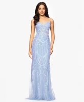 Blondie Nites Juniors' Sequin-Mesh Floor-Sweeping Corset Gown