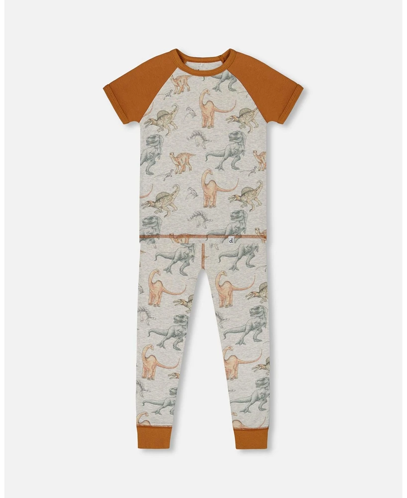 Deux par Deux Baby Boys Cotton Two-Piece Short Sleeve Top And Pant Pajama Set Dinosaur On Mottled And Tan Background