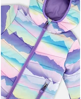 Deux par Deux Baby Girls Printed Quilted Mid-Season Jacket Mauve And Blue, Pink Mountain