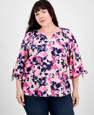 Jones New York Plus Size Floral-Print Linen-Blend Blouse