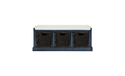 Storage Bench with Rattan Baskets – Rustic Entry Bench with 3 Compartments and Removable Cushion