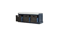 Storage Bench with Rattan Baskets – Rustic Entry Bench with 3 Compartments and Removable Cushion