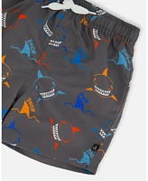 Deux par Deux Boys Printed Boardshorts Orange, Red, And Blue Sharks On Gray