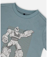 Deux par Deux Toddler Boys Cotton Graphic Tee Grayish Teal And Robot - Toddler|Child