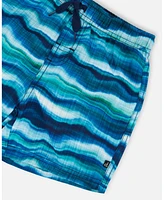 Deux par Deux Boys Printed Boardshorts Blue Wave And Black