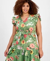 Anne Klein Plus Size Printed Drawstring-Waist Midi Dress