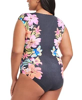 Bleu by Rod Beattie Plus Size Border-Print Sweet Escape Cap-Sleeve Zip-Front Swimsuit