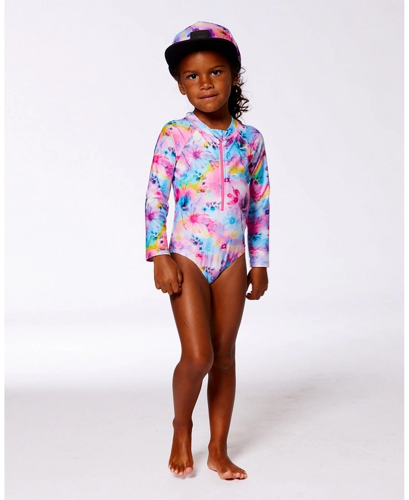 Deux par Girl Printed Long Sleeve Rashguard Butterflies On Multicolored Background - Toddler|Child