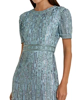 Mac Duggal Women's High Neck Short Sleeve Crystal Fringe Column Dress