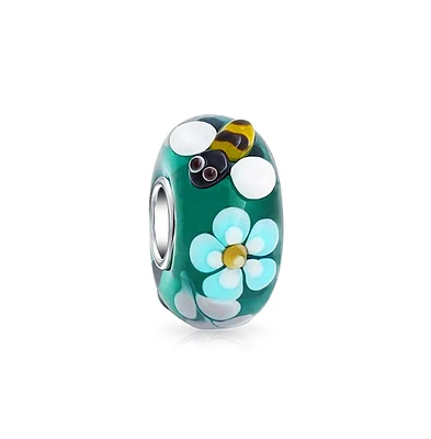 Bling Jewelry Teal Silver Bee Flower Murano Glass Charm Bead European Bracelets